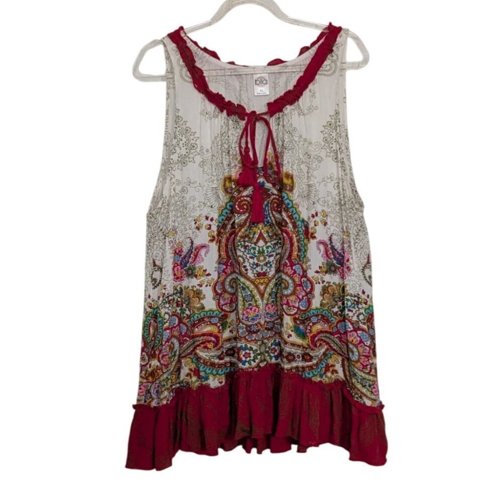 Bila Floral Shirt Womens Size XL Ivory Red Tassels Sleeveless Boho Lightweight